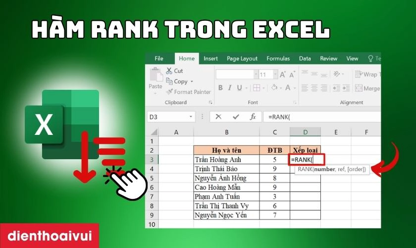 C ch d ng h m rank trong excel x p h ng th t 