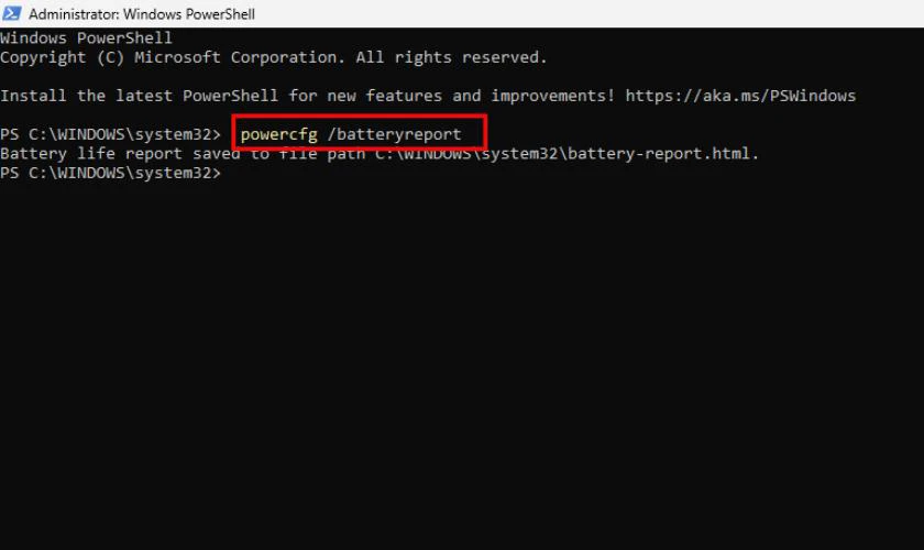 Nhập lệnh powercfg /batteryreport vào Powershell, sau đó nhấn Enter