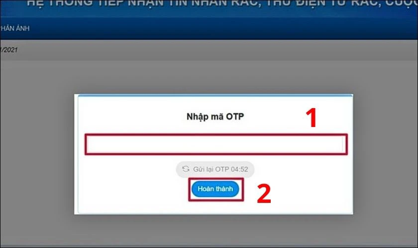 Nhập mã OTP vào trang Web và nhấn Hoàn thành
