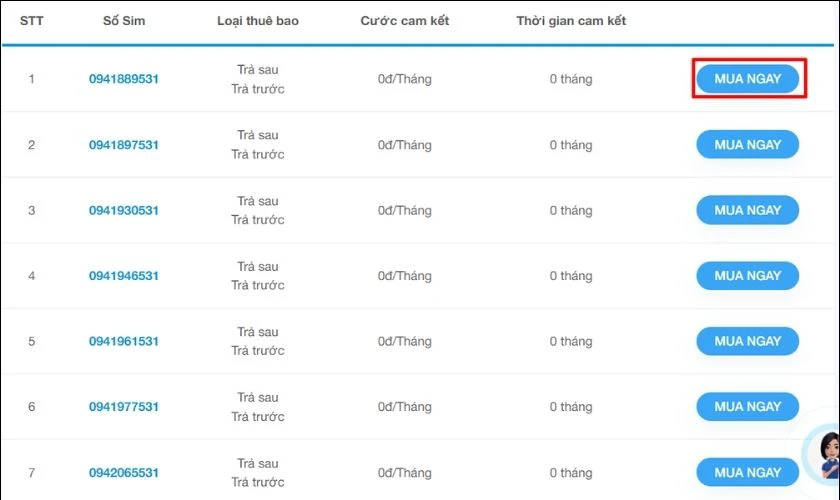Danh sách xuất hiện, bạn chọn vào số thuê bao mong muốn, chọn Mua ngay