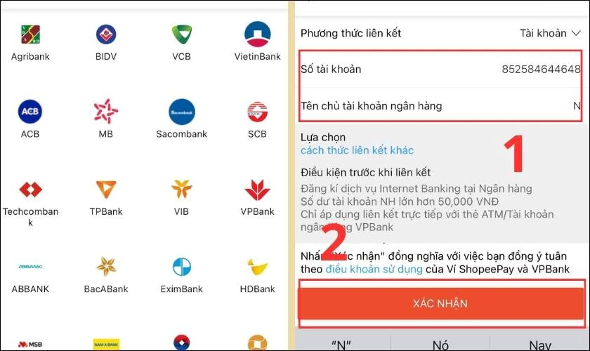 Chọn ngân hàng muốn liên kết và nhập thông tin tài khoản