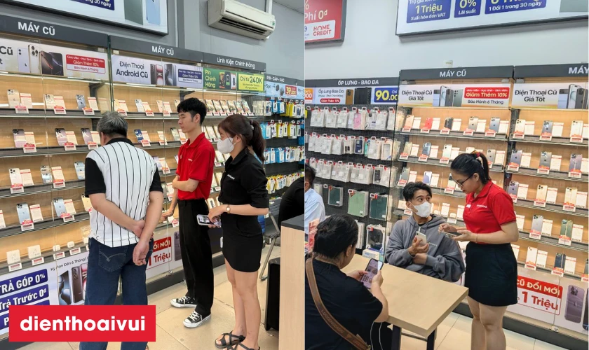 nh&acirc;n vi&ecirc;n Điện Thoại Vui tư vấn kh&aacute;ch h&agrave;ng mua điện thoại meizu cũ