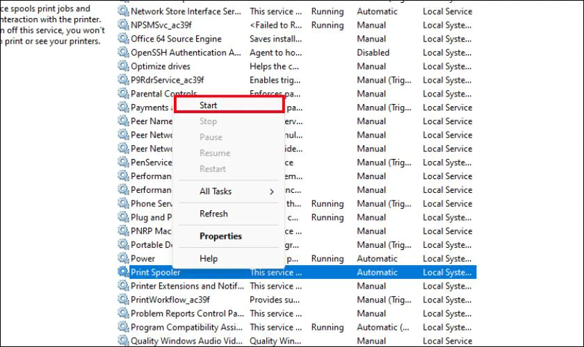 Sau đó, quay lại cửa sổ Services, nhấp chuột phải vào Print Spooler và chọn Start