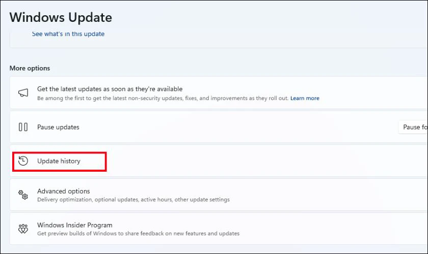 Chọn Update history