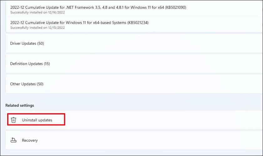 Chọn Uninstall updates