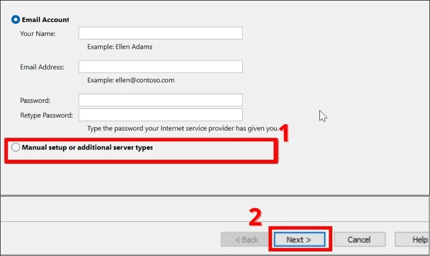 Tick chọn Manually configure server settings or additional server types rồi nhấn Next