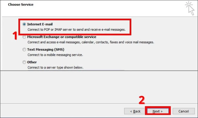 Tick chọn Internet E-mail rồi nhấn Next
