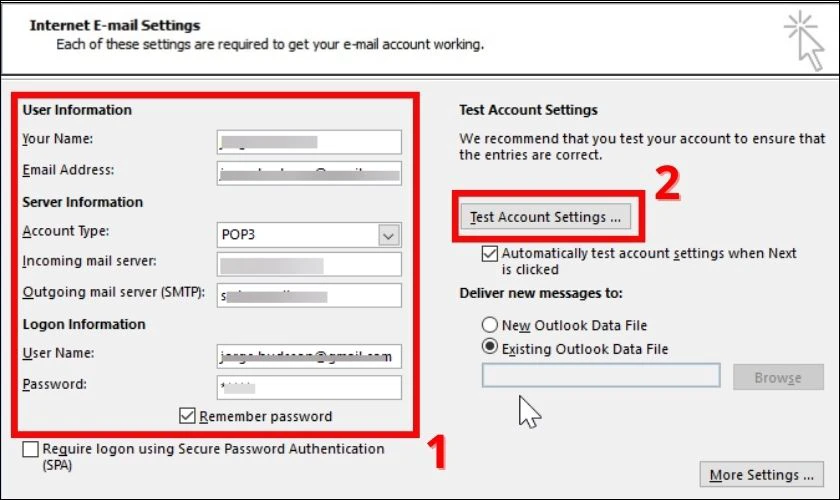 Chọn Test Account Settings để hệ thống tiến hành kiểm tra tài khoản của bạn