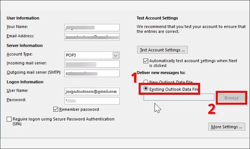 Chọn Existing Outlook Data File rồi nhấn Browse