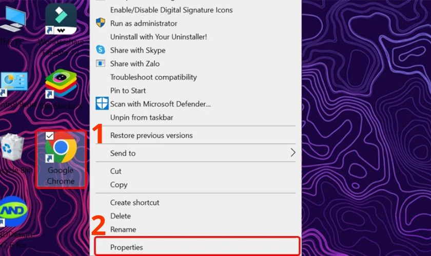 Click chuột phải vào Chrome và chọn Properties