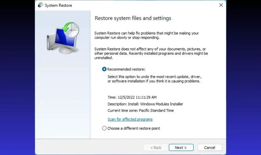 Dùng System Restore để khôi phục driver