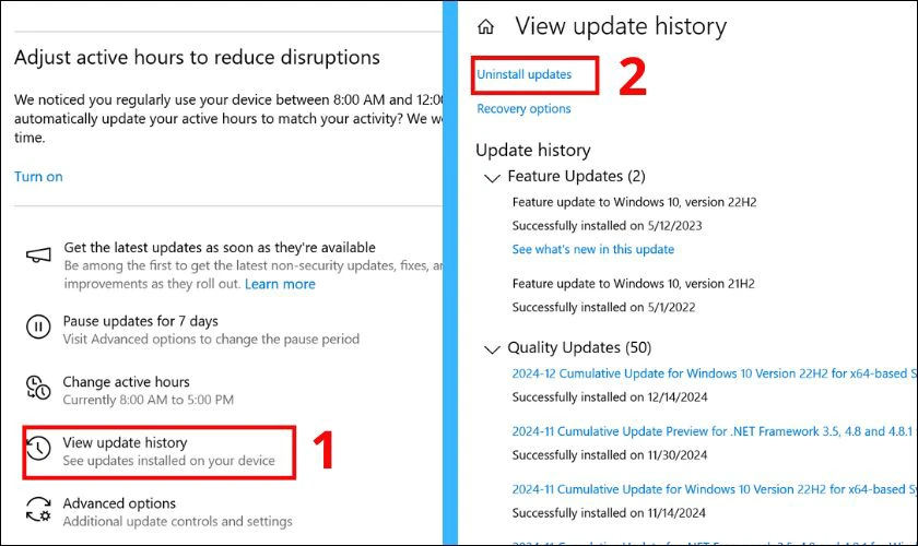 Chọn tiếp vào View Update history, sau đó nhấn chọn Uninstall Updates
