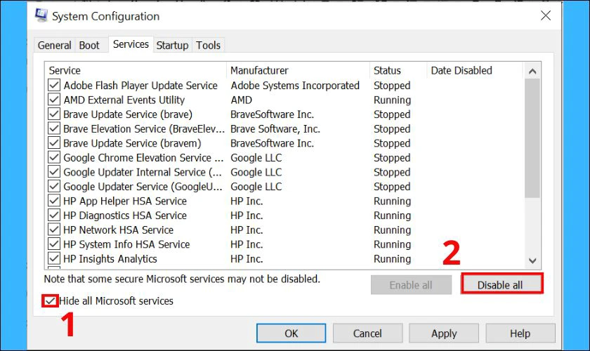 Tại mục Services, bạn chọn vào ô Hide all Microsoft services