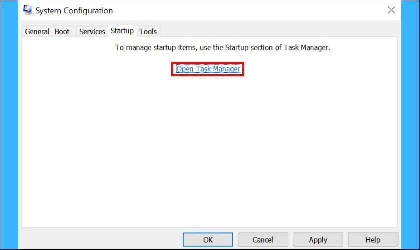 Tại mục Startup, bạn nhấn chọn vào Open Task Manager