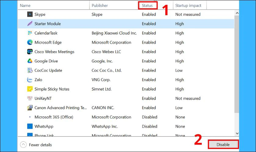 Tắt từng ứng dụng có Status là Enabled