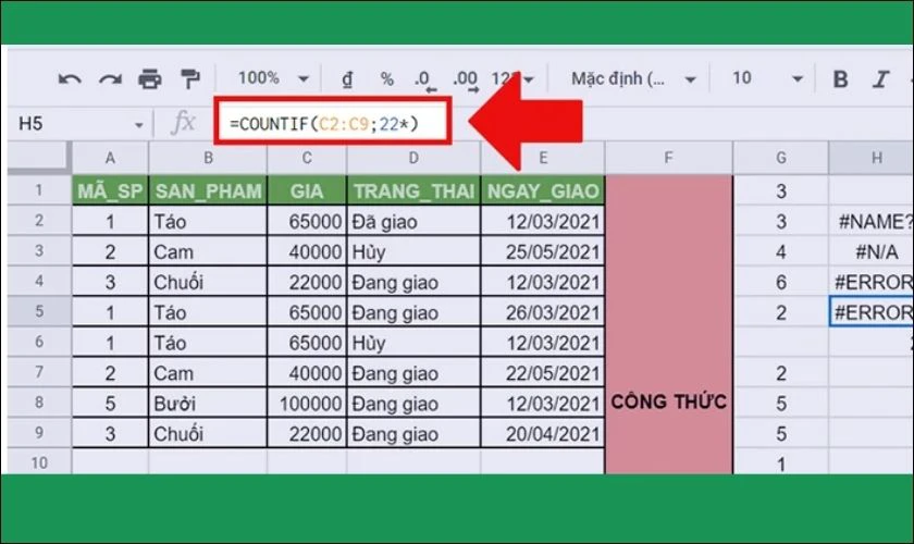 Lỗi #ERROR! khi dùng COUNTIF trong Excel