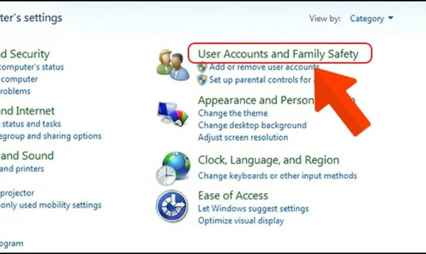 Nhấn vào dòng User Accounts and Family Safety