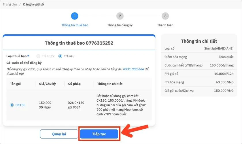 Kiểm tra thông tin thuê bao và nhấn Tiếp tục
