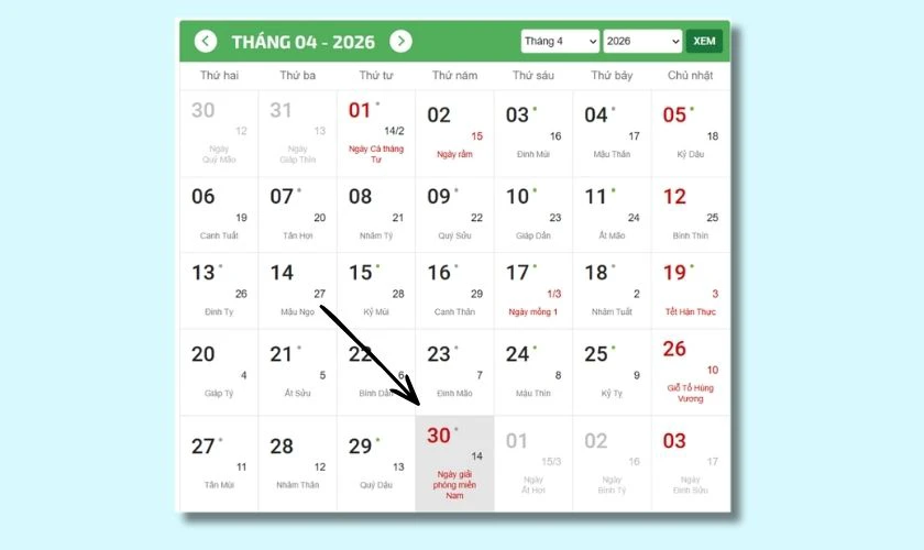 30/4/2026 là thứ mấy?