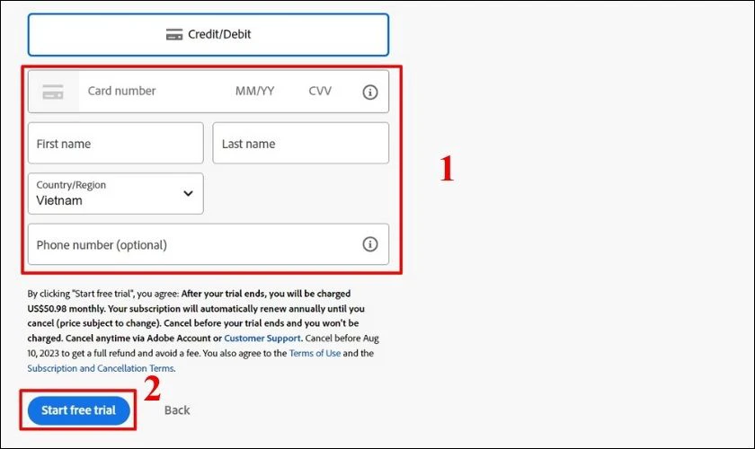 Nhập thông tin thanh toán và nhấn Start free trial