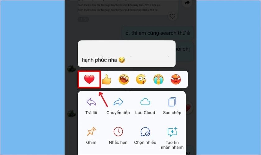 Mhấn giữ đoạn tin nhắn mà bạn muốn thả tim