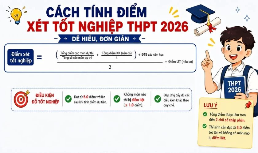Cách tính điểm xét tốt nghiệp THPT 2026 dễ hiểu, đơn giản