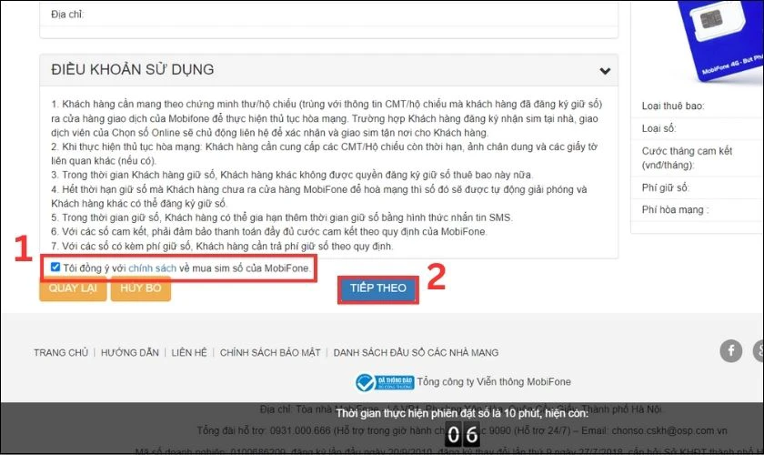 Tick vào ô Tôi đồng ý với chính sách về mua SIM số của MobiFone