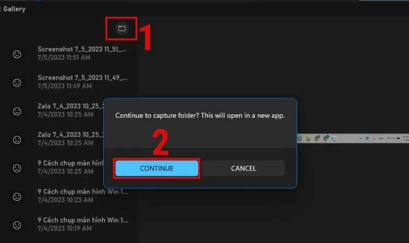 Nhấn Continue là hoàn tất việc chụp hình win 11