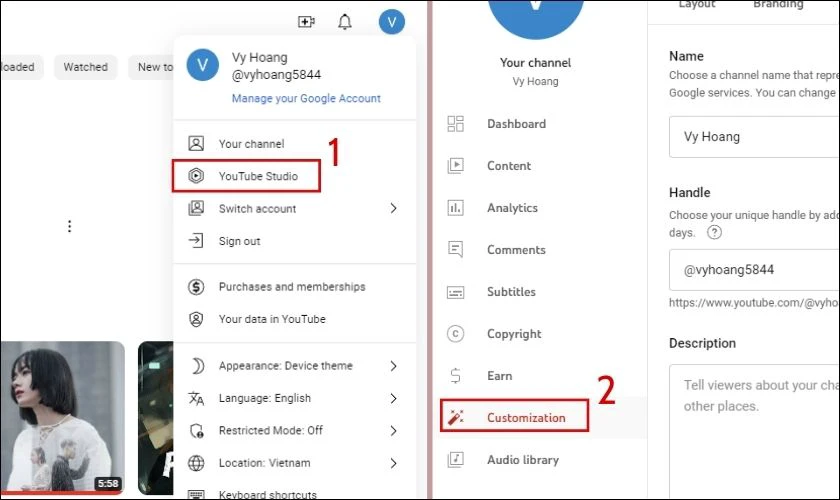 Chọn mục YouTube Studio và chọn lệnh Tùy chỉnh