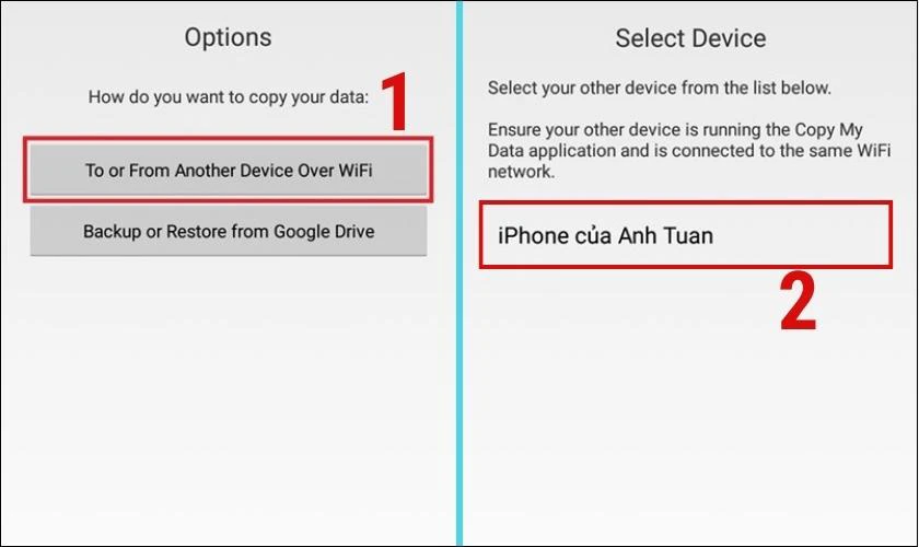 Bấm To or from another device over wifi