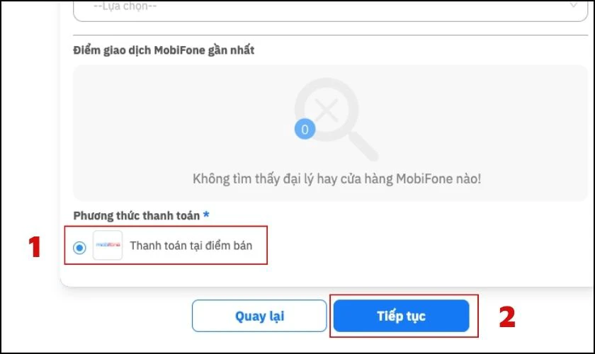 Bạn chọn thanh toán tại điểm bán, sau đó chọn Tiếp tục