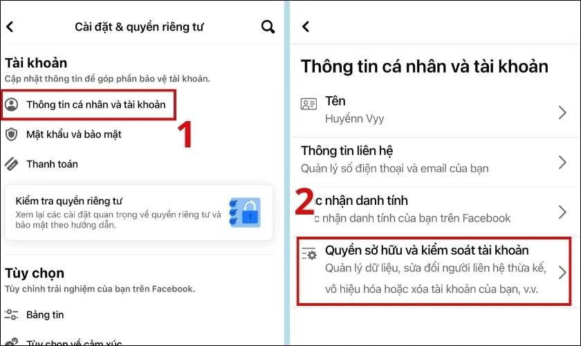 Nhấn chọn Quyền sở hữu và kiểm soát tài khoản