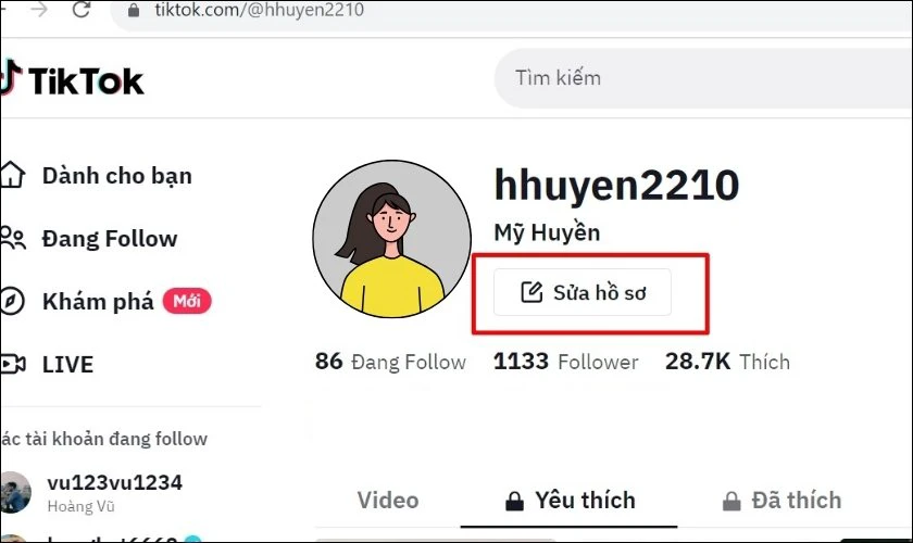 Chọn Sửa hồ sơ trên màn hình TikTok PC