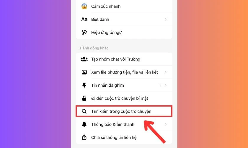 Chọn vào mục Tìm kiếm trong cuộc trò chuyện