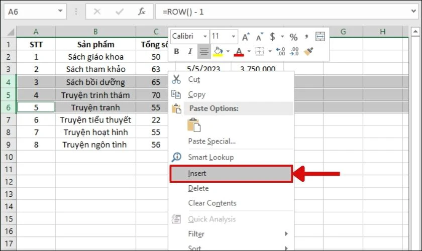 Nhấp chuột phải và chọn Insert