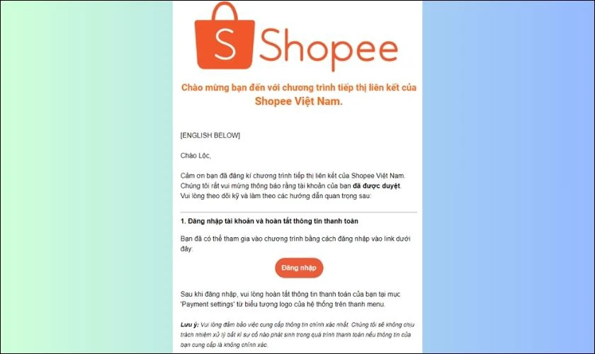 Shoppe sẽ gửi lại Email thông báo kết quả cho bạn