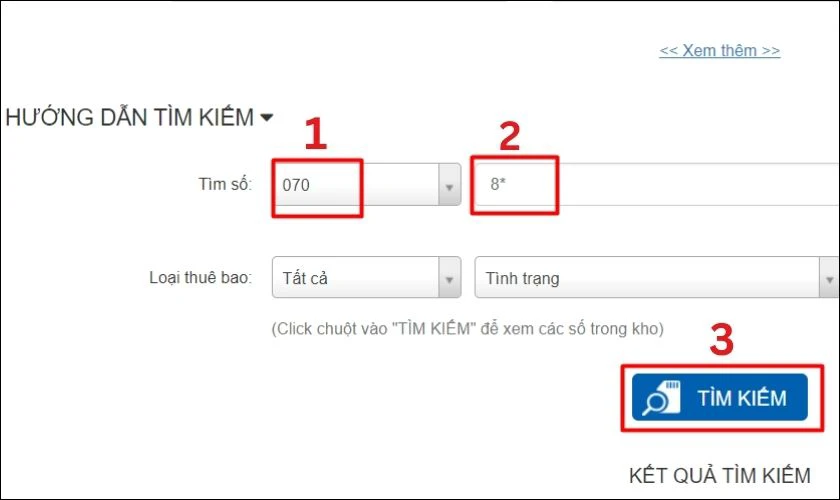 Chọn 070 trong ô Tìm số và nhập 8* tại ô Số cần tìm