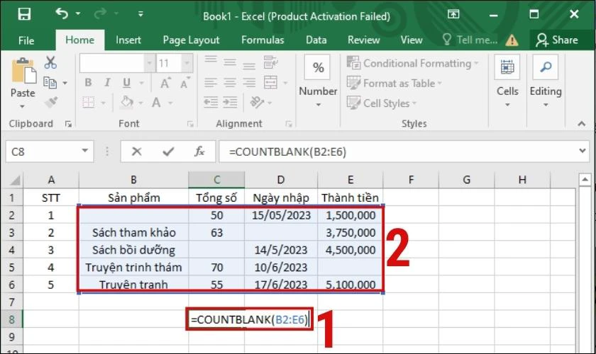 Kết quả thu được khi dùng hàm Coutblank trong Excel