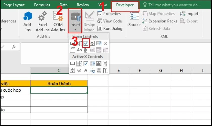 Cách tạo ô vuông đánh dấu tích trong Excel