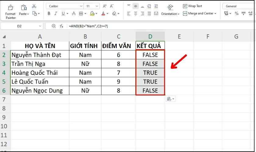 Vận dụng hàm AND trong Excel lọc giá trị logic