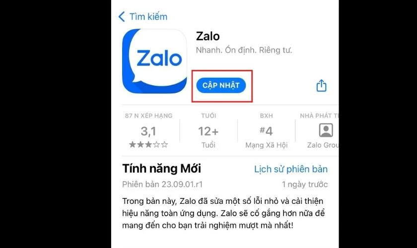 Cập nhật ứng dụng Zalo khi bị lỗi bong bóng chat thu nhỏ