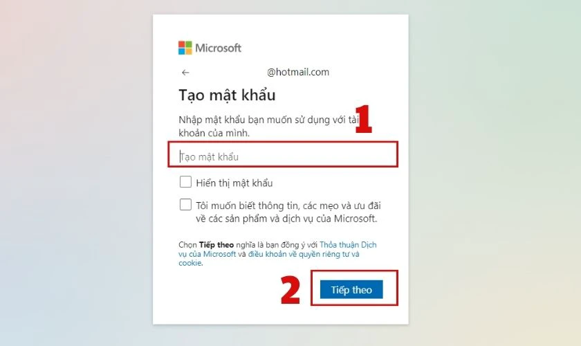 Bạn cần điền Mật khẩu cho tài khoản Hotmail