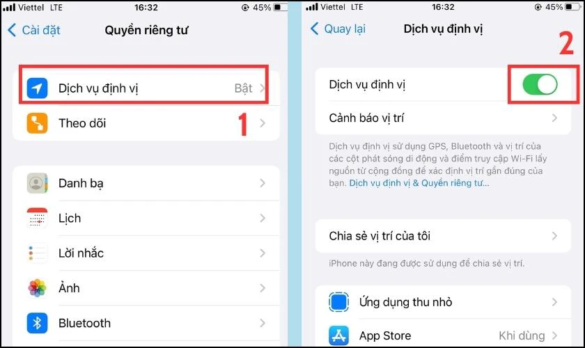 Bạn bật GPS trong Dịch vụ định vị