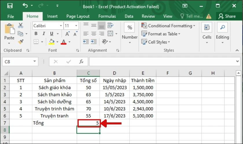 Kết quả nhận được khi sử dụng hàm Count trong Excel