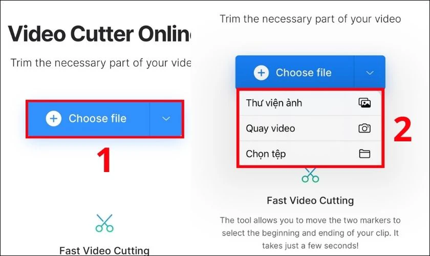 Nhấn vào mục Choose File để tải Video muốn cắt