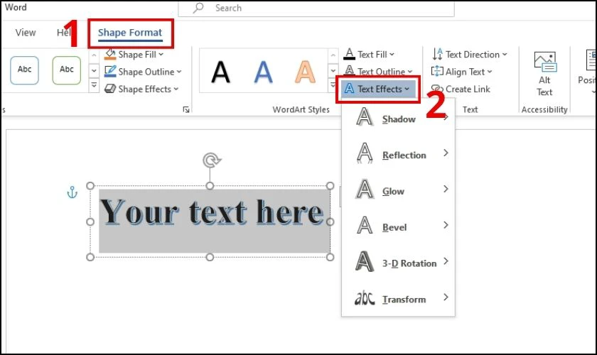 Nhấn chọn tab Shape Format và biểu tượng Text Effects