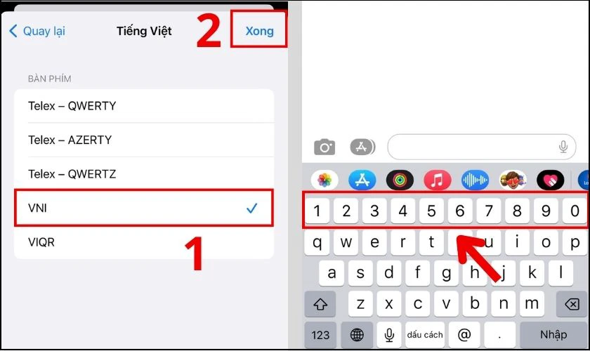 Chọn kiểu bàn phím VNI để cài đặt số có sẵn trên iPhone