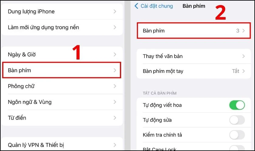 Bấm chọn cài đặt Bàn phím để cài tiếng Việt có dấu trên iPhone