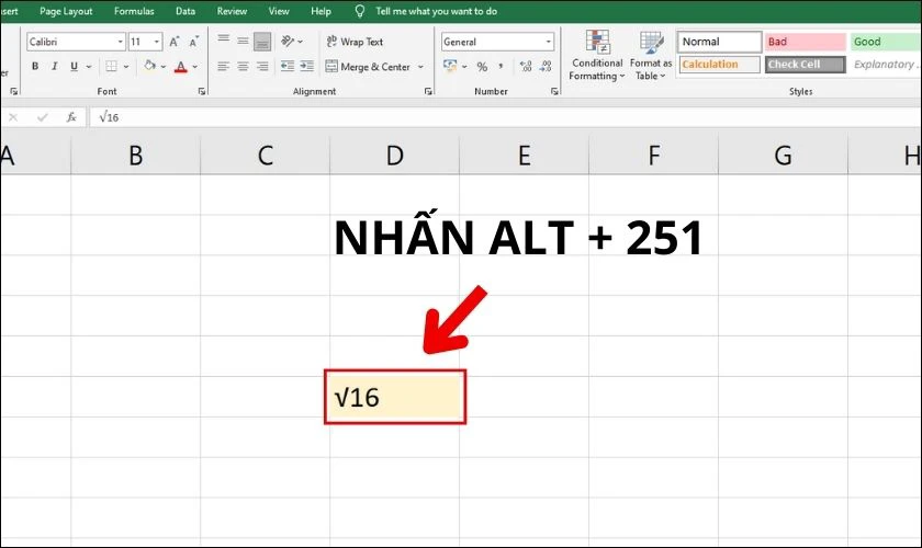 Cách thêm dấu căn bình phương trong Excel bằng phím tắt