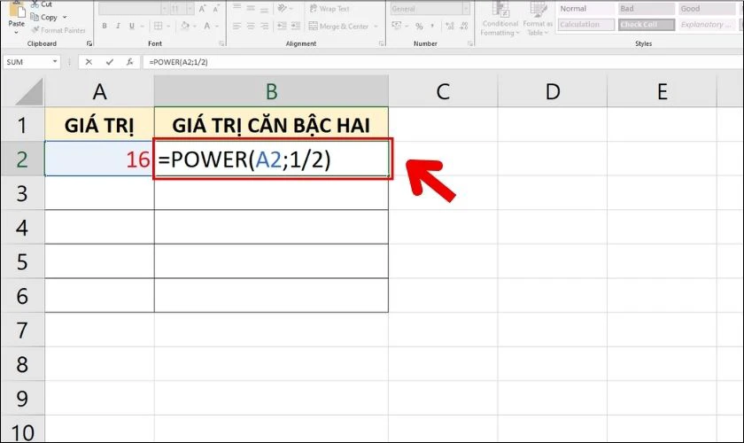 Sử dụng công thức POWER để tính căn bình phương